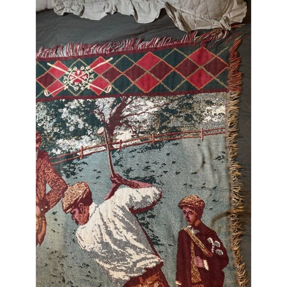 Vintage Golf Scene Cotton Throw Blanket Fringed Edges Sports Decor USA Made - Picture 7 of 10